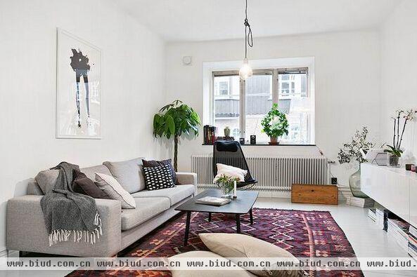 瑞典一处房产中介推荐的56平米公寓，建筑建于1912年，经过完好的保存和整修空间一点看不出年代感，依旧是经典的斯堪的纳维亚风格，纯白的装饰搭配淡色家具，温馨又舒适，本以为会选择色彩鲜亮些的装饰画用来提升空间的色彩度，主人依旧将素雅进行到底，单色调的装饰画，看起来非常的统一，几盆绿植，让他们成为空间的色彩点缀吧！