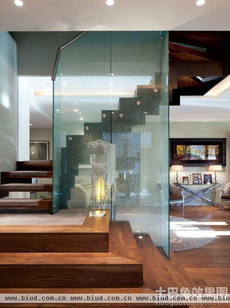 美式家装复式楼梯玻璃隔断效果图