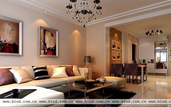 客厅利用玻化砖茶几的镜面增加空间感布艺软饰多用暖色系，提升居住舒适感。