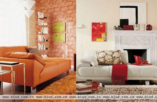 暗红色的沙发，小边几，饱满的色彩让人备感舒适。似乎大地毯抢了空间的风头，实则是为休闲的舒适度加分。在书架旁边，一款有脚凳的皮质沙发，在这个安宁的书房里彰显沉稳，与雅致的格调相得益彰。