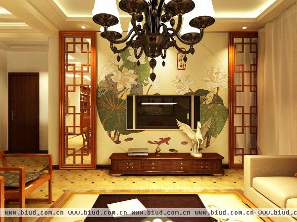 中式一居客厅电视背景墙壁纸效果图