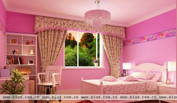 每个女孩都梦想有一间公主房，这间公主房以渐变的粉色渲染出温馨浪漫的氛围，华美的布艺窗帘和床单仅作为点缀，凸显墙壁的渐变色彩，房间里用的是粉色的花纹灯罩，精致漂亮。