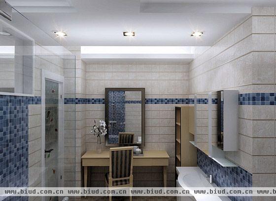洗漱间和淋浴间都是分离开的，洗漱间的功能设计的还是比较齐全的，设计师设计的还是挺有的创意的，中间的那个蓝色条子设置的很新颖。