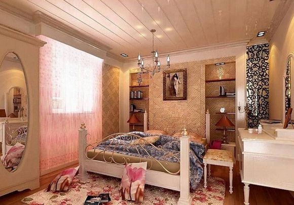 可以看得出这个卧室里布置的是很精致的，包括房间里的家居摆设都是很用心设计的，卧室里的布艺物品，多采用棉、麻，都采用天然制品流露出的质感也正是田园风格所需的。