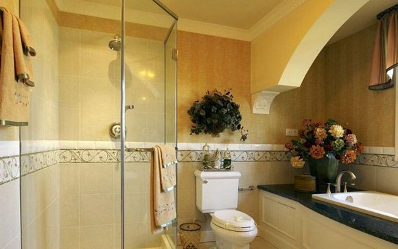 淋浴间里还放有一些小花真的是一花一世界啊，淋浴间的四周都用瓷砖贴成的，采用玻璃门透视性好而且比较好打扫。