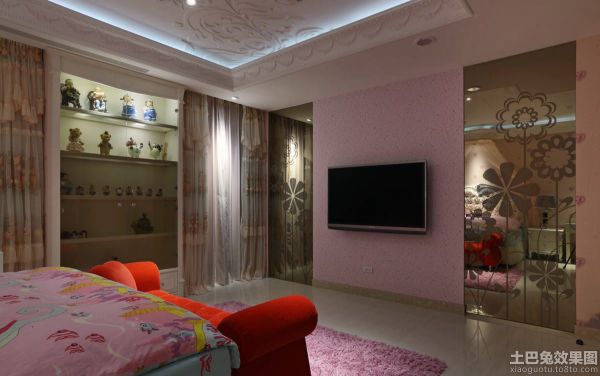 粉色卧室电视背景墙现代风格