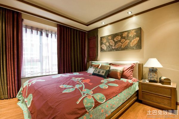东南亚风格卧室红色窗帘图片