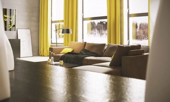 浅色调的家居布置没有过多的修饰却透露着清新自然的气息，柠檬黄的窗帘为整个房间增添了亮光，黑色古典气质的落地灯与整个沙发的色系像呼应。