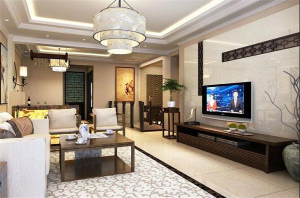 客厅将现代元素与传统元素相结合，空间装饰多采用简洁、硬朗的直线条。