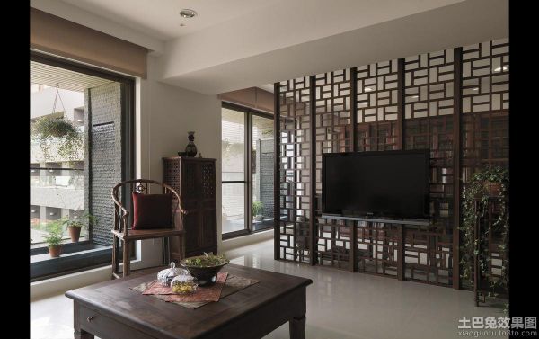 中式风格镂空木架电视背景墙设计