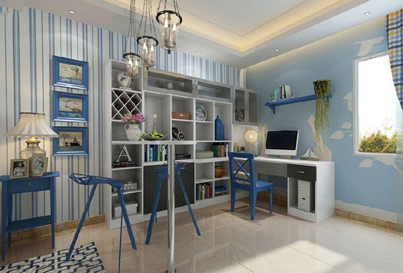 明快爽朗的蓝色总会赢得大众的喜爱，地中海风格的室内装修，创意风格的高脚凳，书桌、书台和书柜完美结合，打造了一间功能齐全的书房。