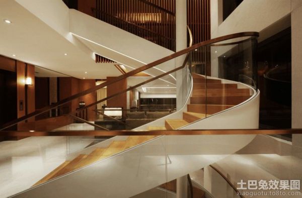 现代别墅家装石材旋转楼梯效果图