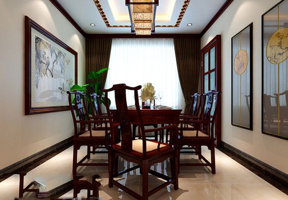本案是一套新中式风格的家装案例，业主是幸福的一家三口，中式风格中对清雅含蓄，端庄风华的东方精神文化的追求。室内的装修将中式元素与现代元素相结合，这一点是业主自己需求的，也是现代人都喜欢的，客厅运用色彩装饰手段，营造美的家居意境，红色实木的餐桌椅配上精致的吊灯，使整个空间华丽而又优雅。