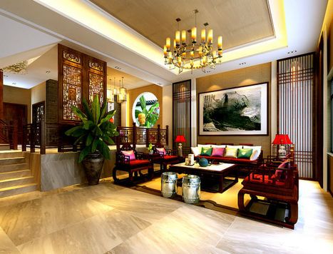 中国传统的室内设计融合了庄重与优雅双重气质。现代的中式风格更多的利用了后现代手法，客厅里摆一套明清式的红木家具，墙上挂一幅中国山水画，传统的书房自然烧不来书柜、书案以及文房四宝。中式风格的客厅具有内蕴的风格，为了舒服，中式的环境中也常常用到沙发，但颜色仍然体现着中式的古朴，中式这样表现使整体空间，传统中透着现代，现代中揉着古典。因此书法常常成就这种诗意的最好手段。这样躺在舒服的沙发上，任千年的故事顺指间流淌。