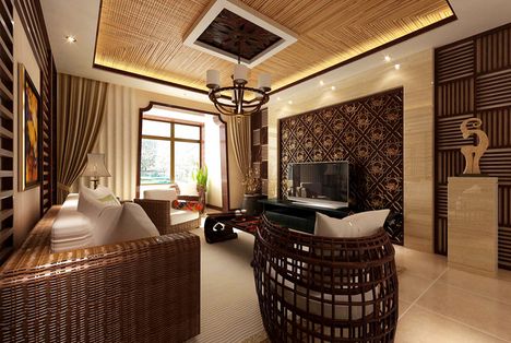 客厅得以大气优雅为主，在造型上，墙面木装饰与金属、金属结合的装饰造型，以冷静线条分割空间，代替一切繁杂与装饰。