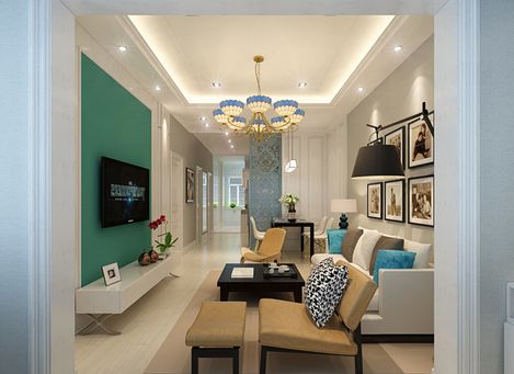 客厅在一片清新简约的白色空间中，一组色彩鲜明的特色家具，对比出极具视觉层次的北欧风格，蓝色纯色壁纸铺设的电视背景墙，也是整个客厅的一亮点，浅浅带出悠闲自在的北欧情调。