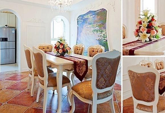 全欧风的整套餐桌和餐椅，餐厅的吊灯和客厅一样，如出一辙。