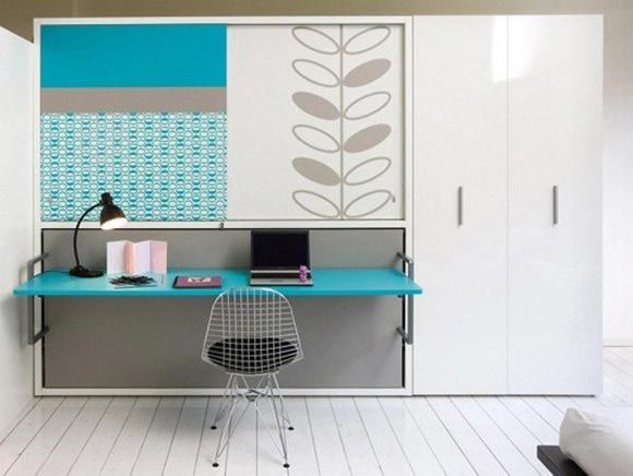 壁床同桌子的结合本是壁床家族的创新品种，其特特之处是白天当工作桌使用，放下就是一张床，这种设计，可以在2.5平米的小房间布置完成一张床，一个办公桌及一个书及柜。