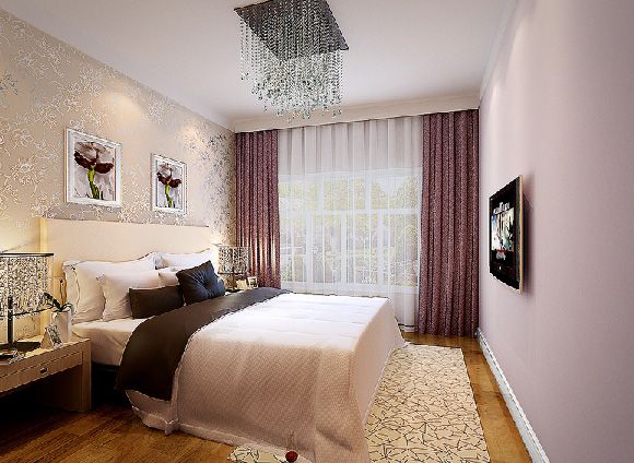 卧室使用淡紫色，在运用简单明亮的壁纸，使卧室空间变得优雅温馨。