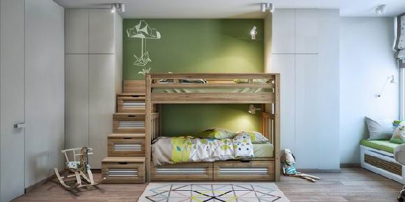 基辅的公寓总能带给人不同的惊艳感，开放式的空间采用了木质元素和砖墙的搭配，显得自然又随性适，灰色调是简约空间中不可或缺的一部分，加上清新的绿色点缀，整个空间质感却不压抑，主卧与儿童房也同样遵循着这样的理念，让整个空间看起来十分的舒适。 