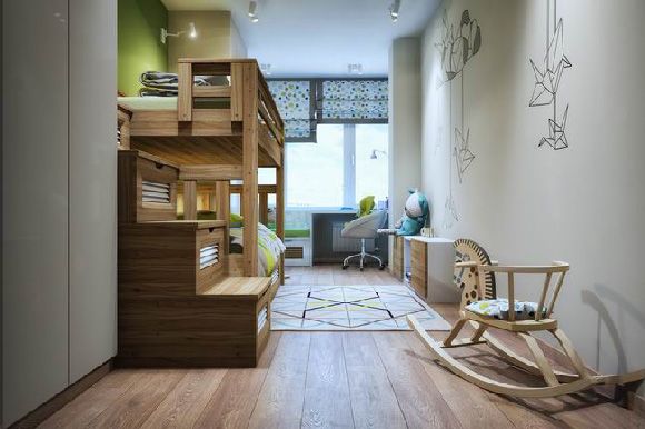 基辅的公寓总能带给人不同的惊艳感，开放式的空间采用了木质元素和砖墙的搭配，显得自然又随性适，灰色调是简约空间中不可或缺的一部分，加上清新的绿色点缀，整个空间质感却不压抑，主卧与儿童房也同样遵循着这样的理念，让整个空间看起来十分的舒适。 