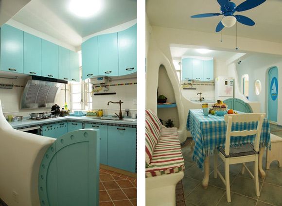 不规则的房型丝毫不影响每个区域的使用体验，蓝白色系的橱柜让厨房充满小清新风。