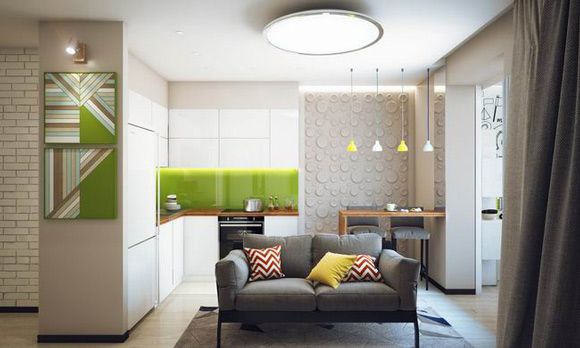 年轻的业主认为一个单身公寓应该是一个可以放松的地方，所以一切设计以休闲舒适为主，以白色为主色调，客厅，厨房位于同一空间，不同的墙面材料让这里不再单调，清新的绿色作为点缀，十分新鲜充满年轻人应有的活力，书房位于餐桌旁，延用了绿色减少色彩的转变。十分现代化的休息房到了夜晚则变成主人的卧室，47平米的空间每处都有着惊喜。