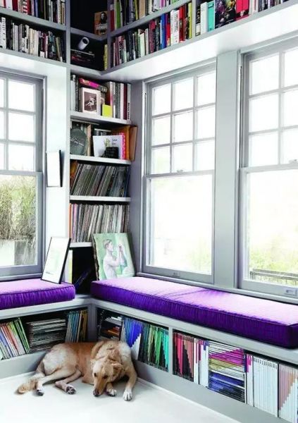 两面见光的书房确保了采光度，将书柜和飘窗结合起来，再有意无意地将色彩搭配融入进去，慵懒的午后，这就是你最佳的小憩之地。