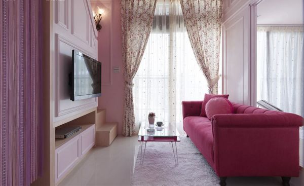 简易装修客厅粉色窗帘效果图