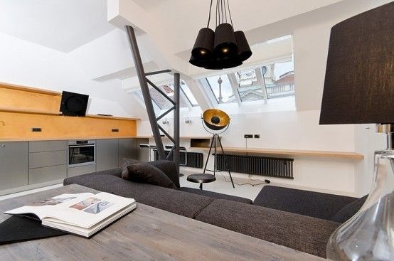 这间位于布拉格的阁楼，设计师采用经典的黑白色调作为装修的主题，打造出个性十足的家，将冷酷进行到底，完美的呈现出一个个性且时尚的家。