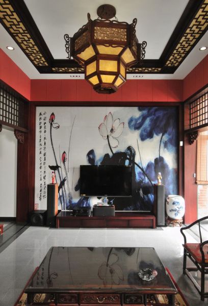 中式水墨荷花背景墙装饰