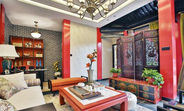 红色靓丽新中式客厅设计