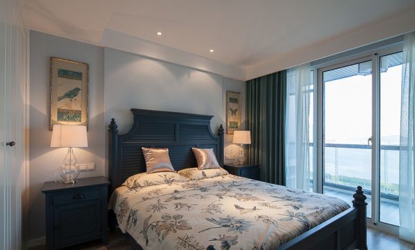 蓝色复古美式卧室装饰图