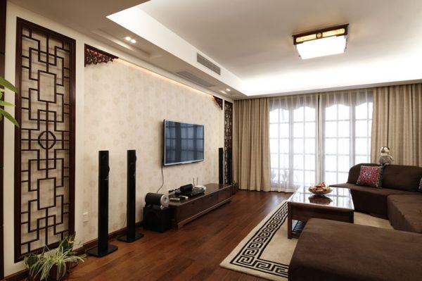 现代中式设计三居室室内装修图片