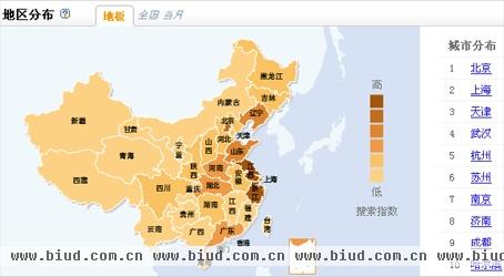 2013年7月22日数据：“地板”关键词搜索地区分布情况