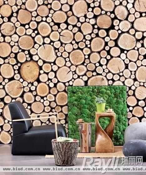 　原木铺设计墙，勾勒最原生态的空间氛围。绿植 IKEA宜家家居 木质杯具曲线木质茶几 均为百强国际家居 其他均为Schelbachhome希尔巴赫家居