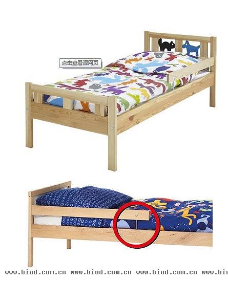 上为克丽特（KRITTER）儿童床，下为辛格莱（SNIGLAR）儿童床。红圈内为隐患部位。