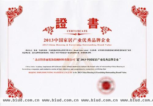 图为：特普丽荣获“2013中国家居产业优秀品牌企业”