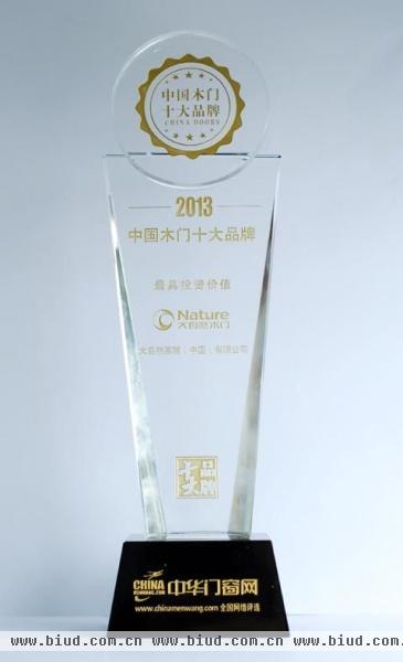 大自然荣获“最具投资价值的中国木门十大品牌”称号