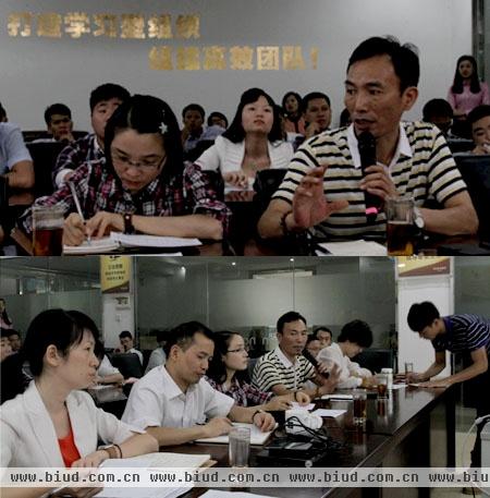 上：欧神诺营销学院客席教授刘宜琦分别对每个早会作出专业点评；