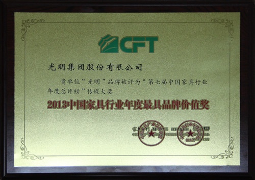 光明家具荣获“2013中国家具行业年度最具品牌价值奖”