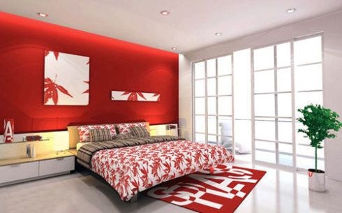 大红的墙壁热烈而喜庆，好心情充满整间卧室。