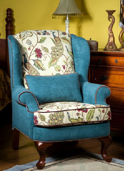 篮孔雀美式布艺沙发椅