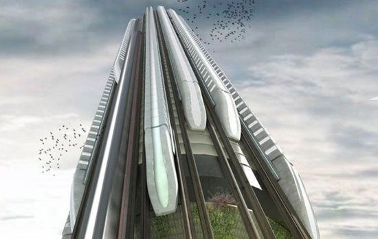 未来为了出行方便 把火车挂在摩天楼上