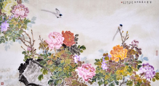 郑鸿光六尺横幅花鸟画牡丹《富贵长寿春满园》