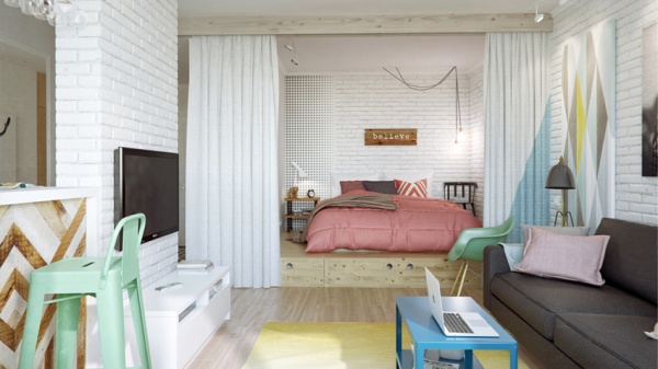 43平方米粉色一居室小公寓 让人心动的收纳设计