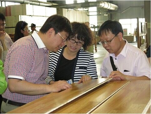 圣象集团市场部总经理王晓宇在给记者们介绍三层实木地板的结构优势