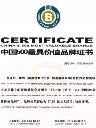 图为柔然壁纸荣获“中国500最具价值品牌”证书