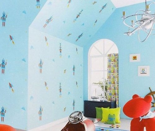 装修墙纸效果图：可爱卡通图案儿童房墙壁纸可以为小朋友营造舒适有趣的游玩天堂。