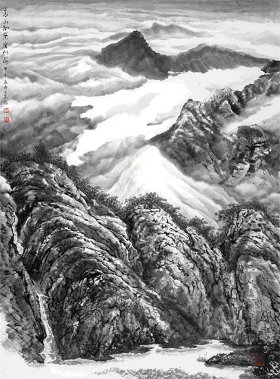 青山如黛云似海(129×97)。纸本水墨.2014年作